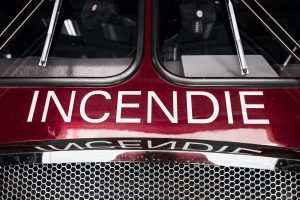 Red Firetruck Details of the Front with Wording